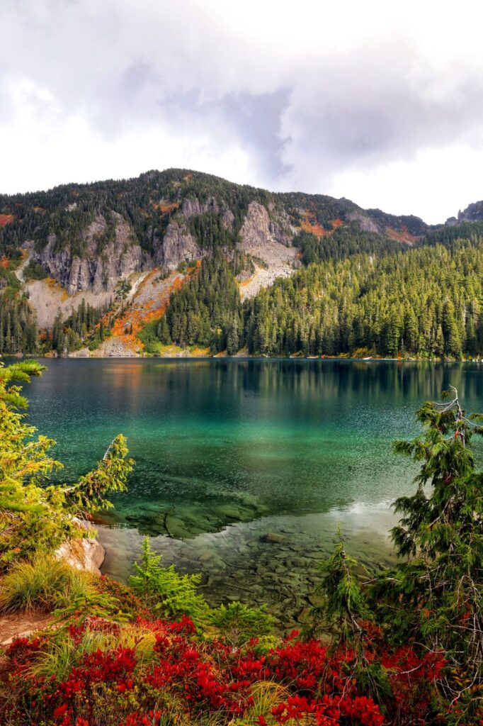 Fall colors in foreground, blue-green lake in the middle, mountain in the background